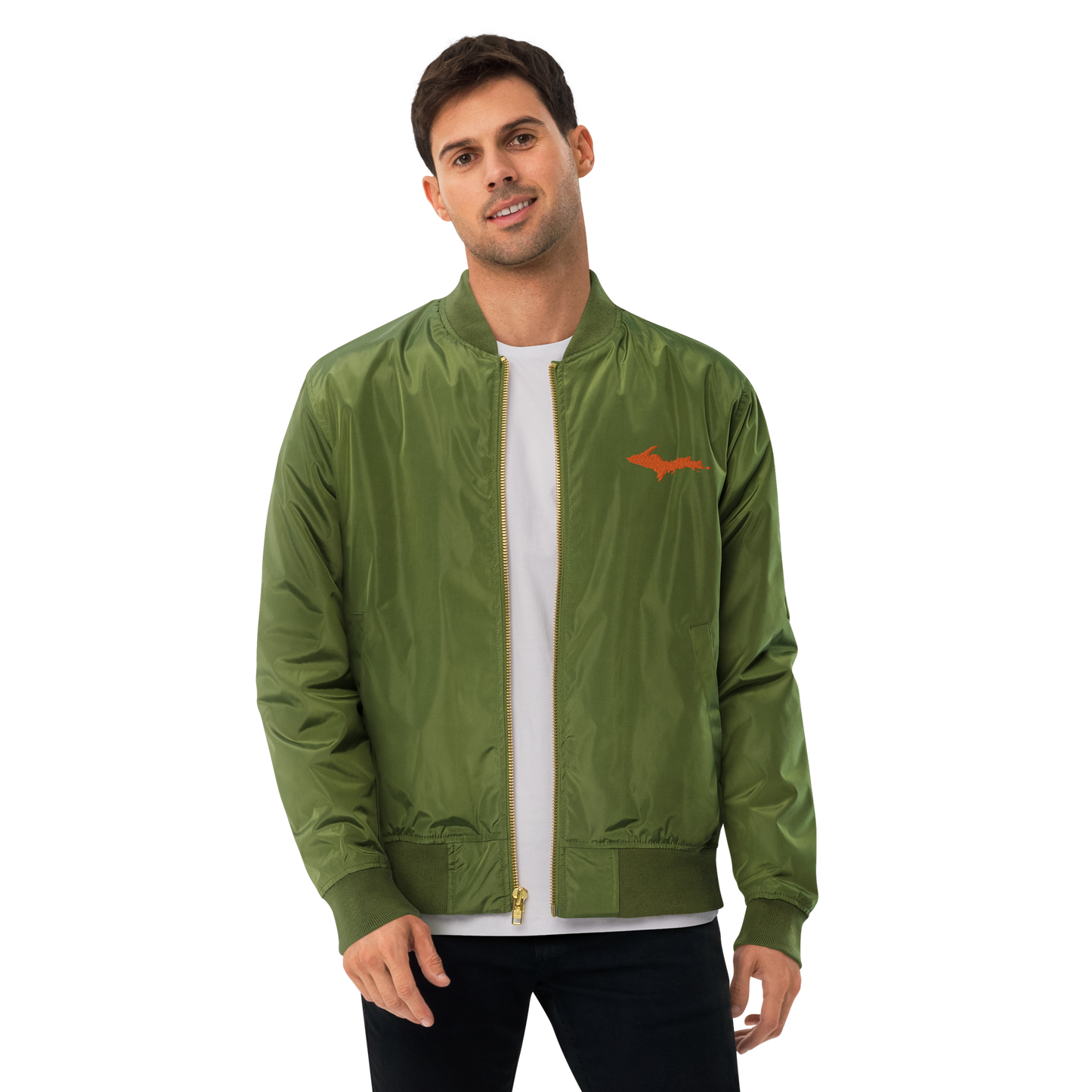 Michigan Upper Peninsula Bomber Jacket (w/ Orange UP Outline) | Unisex Recycled