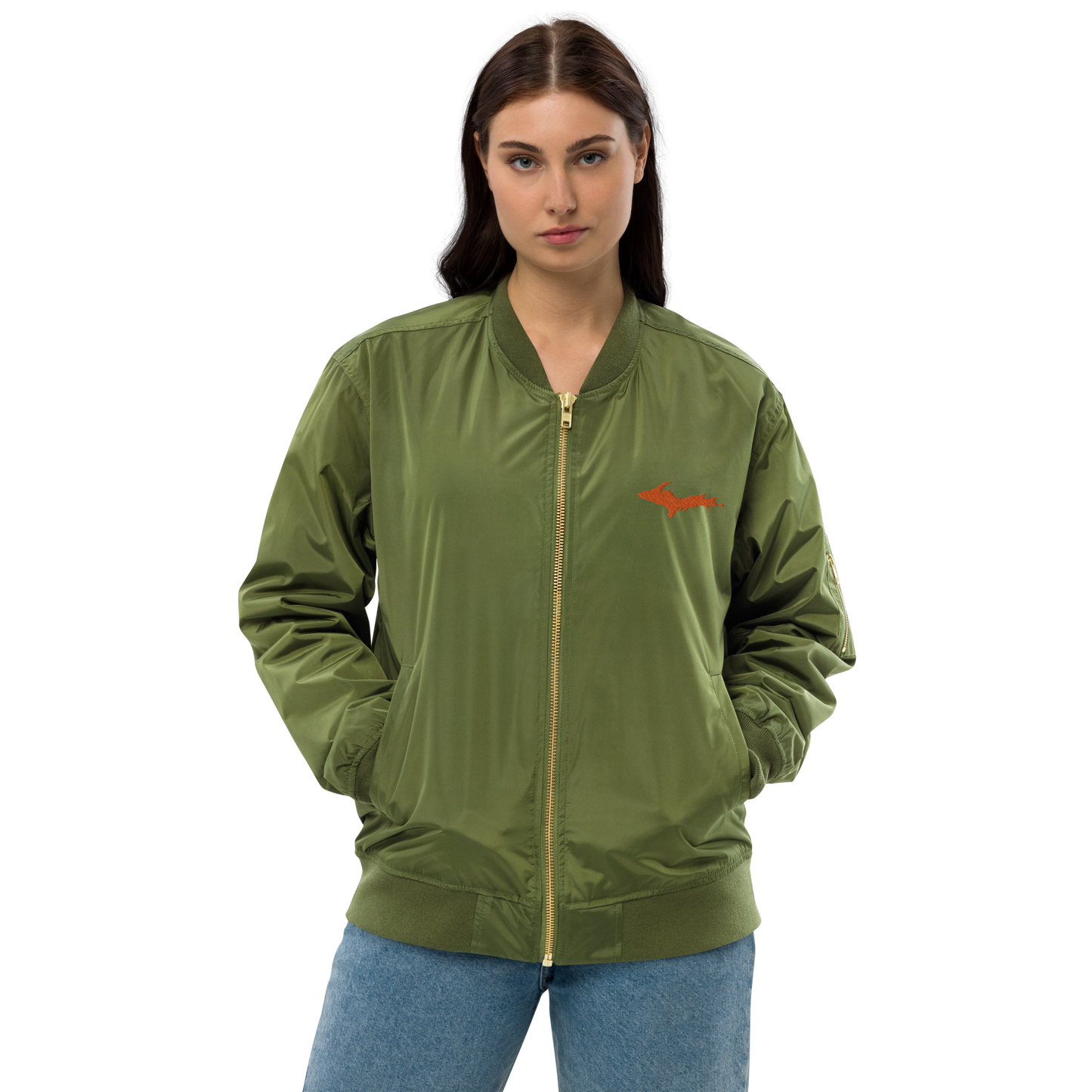 Michigan Upper Peninsula Bomber Jacket (w/ Orange UP Outline) | Unisex Recycled