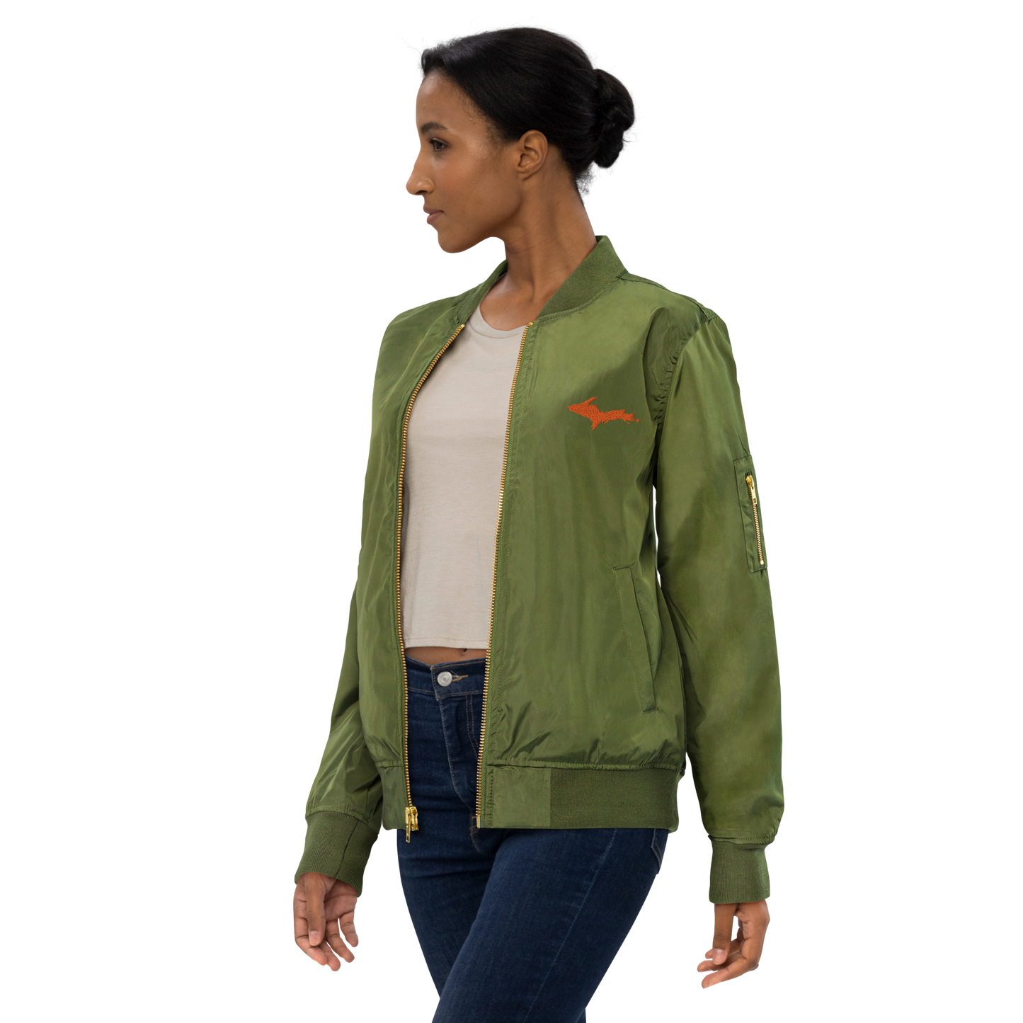 Michigan Upper Peninsula Bomber Jacket (w/ Orange UP Outline) | Unisex Recycled