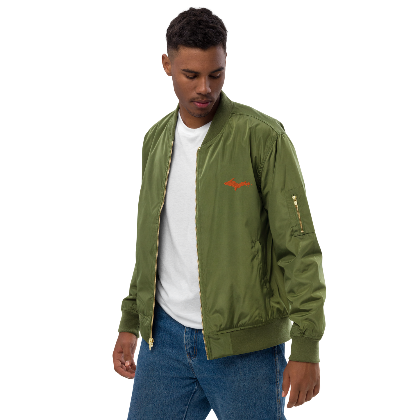 Michigan Upper Peninsula Bomber Jacket (w/ Orange UP Outline) | Unisex Recycled