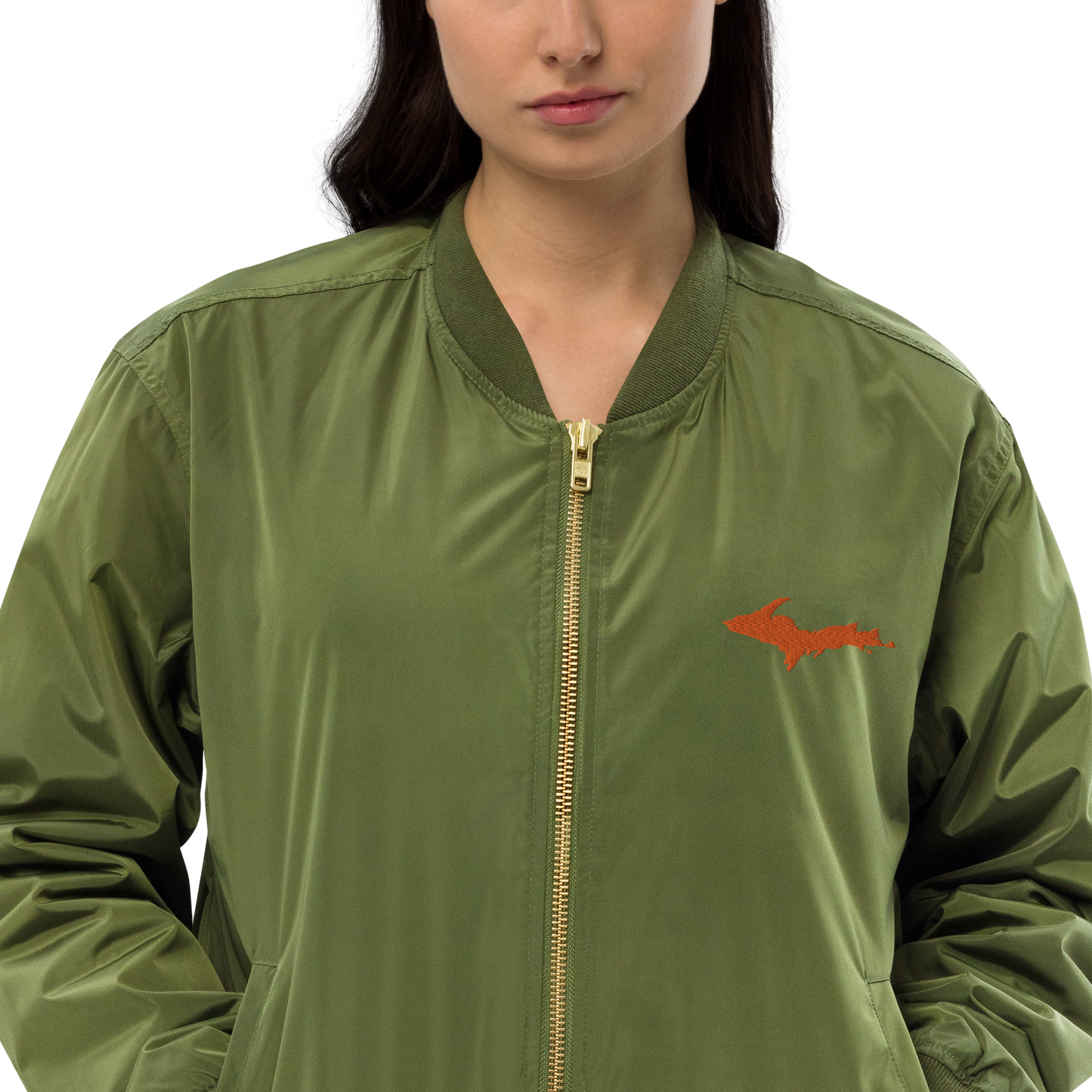 Michigan Upper Peninsula Bomber Jacket (w/ Orange UP Outline) | Unisex Recycled