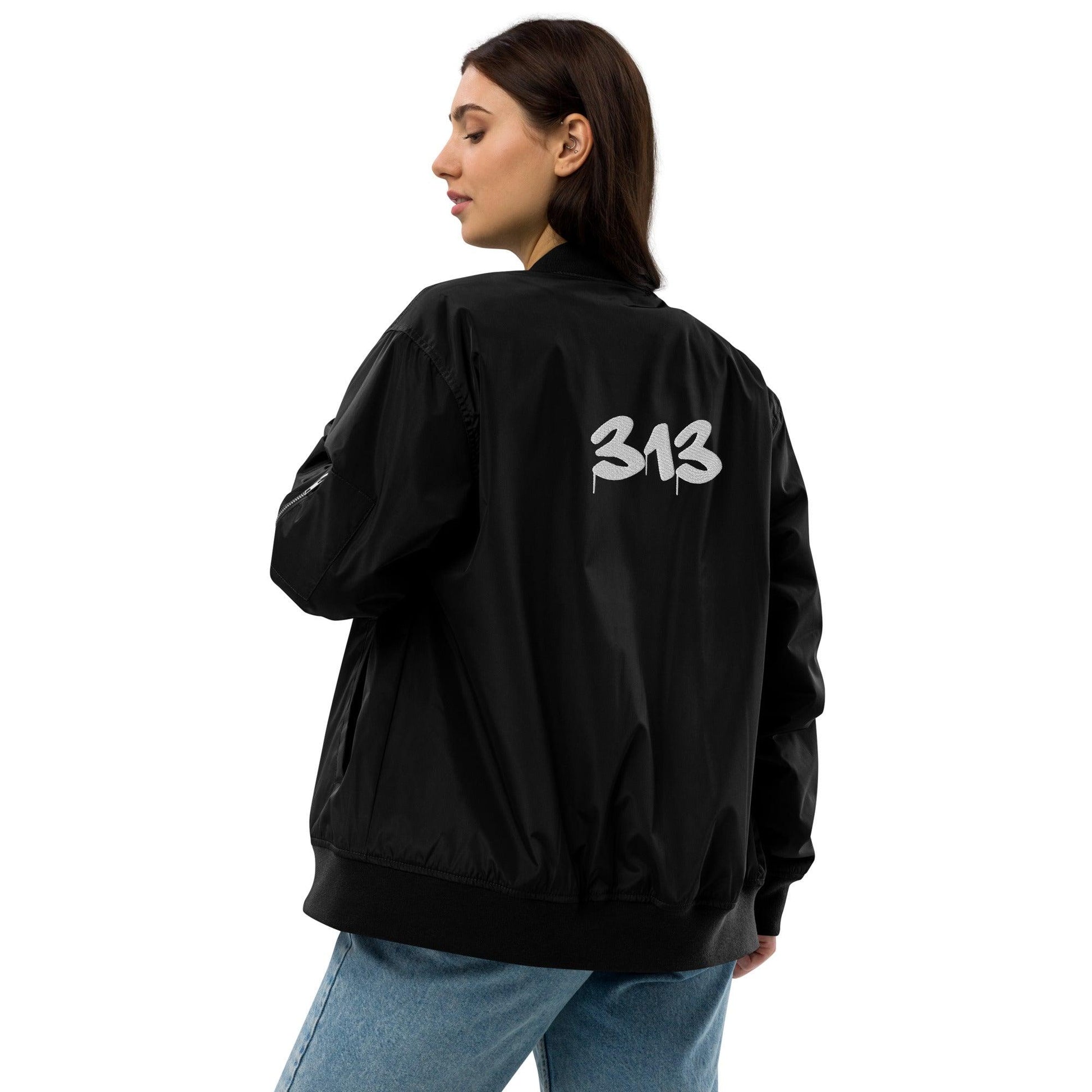 Detroit '313' Recycled Bomber Jacket (Tag Font) | White/Black Embroidery - Circumspice Michigan