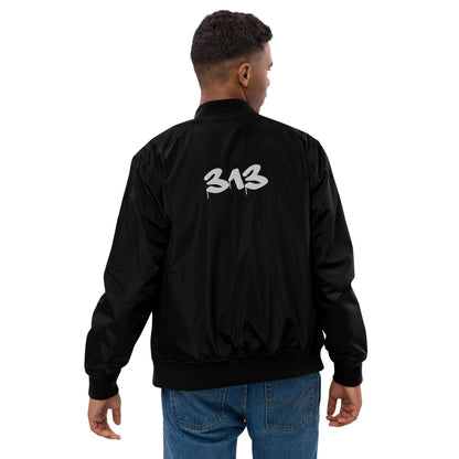 Detroit '313' Recycled Bomber Jacket (Tag Font) | White/Black Embroidery - Circumspice Michigan