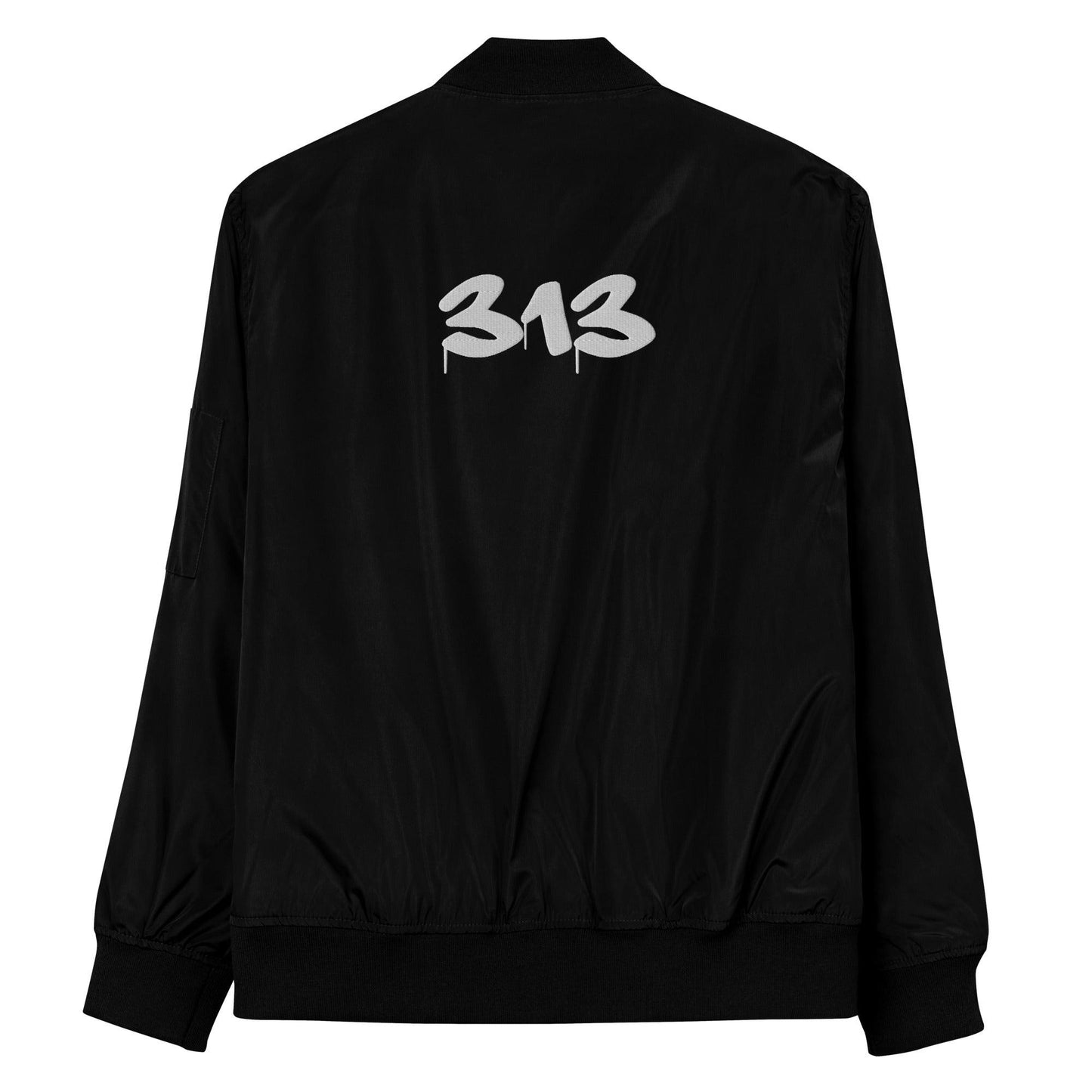 Detroit '313' Recycled Bomber Jacket (Tag Font) | White/Black Embroidery - Circumspice Michigan