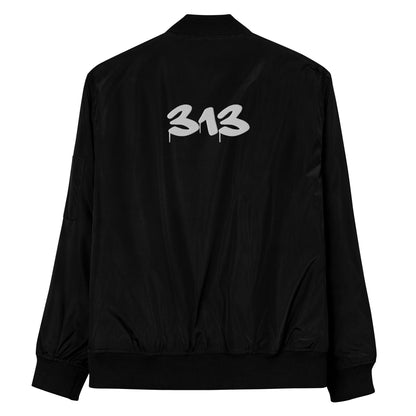 Detroit '313' Recycled Bomber Jacket (Tag Font) | White/Black Embroidery - Circumspice Michigan