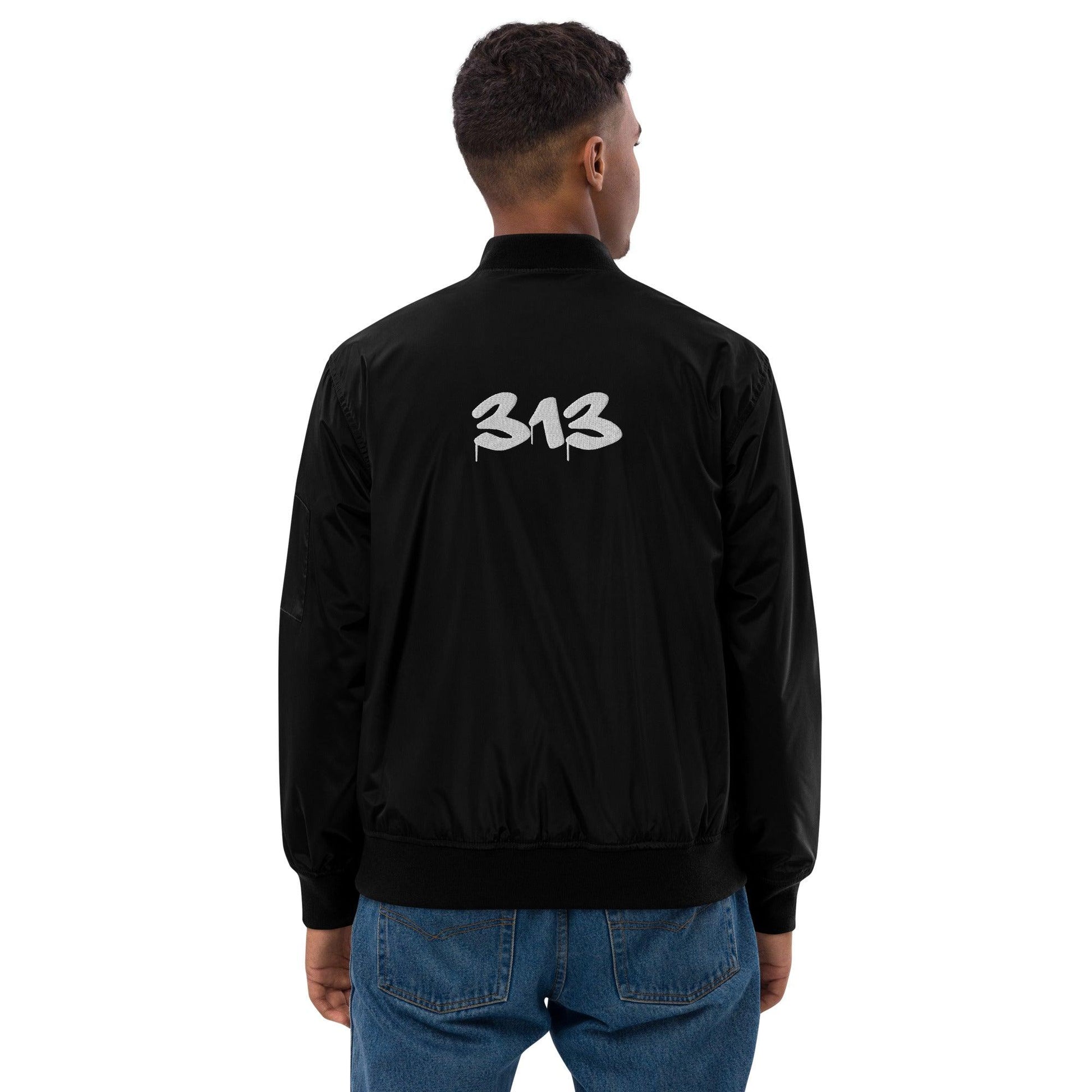 Detroit '313' Recycled Bomber Jacket (Tag Font) | White/Black Embroidery - Circumspice Michigan