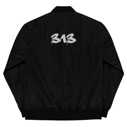 Detroit '313' Recycled Bomber Jacket (Tag Font) | White/Black Embroidery - Circumspice Michigan