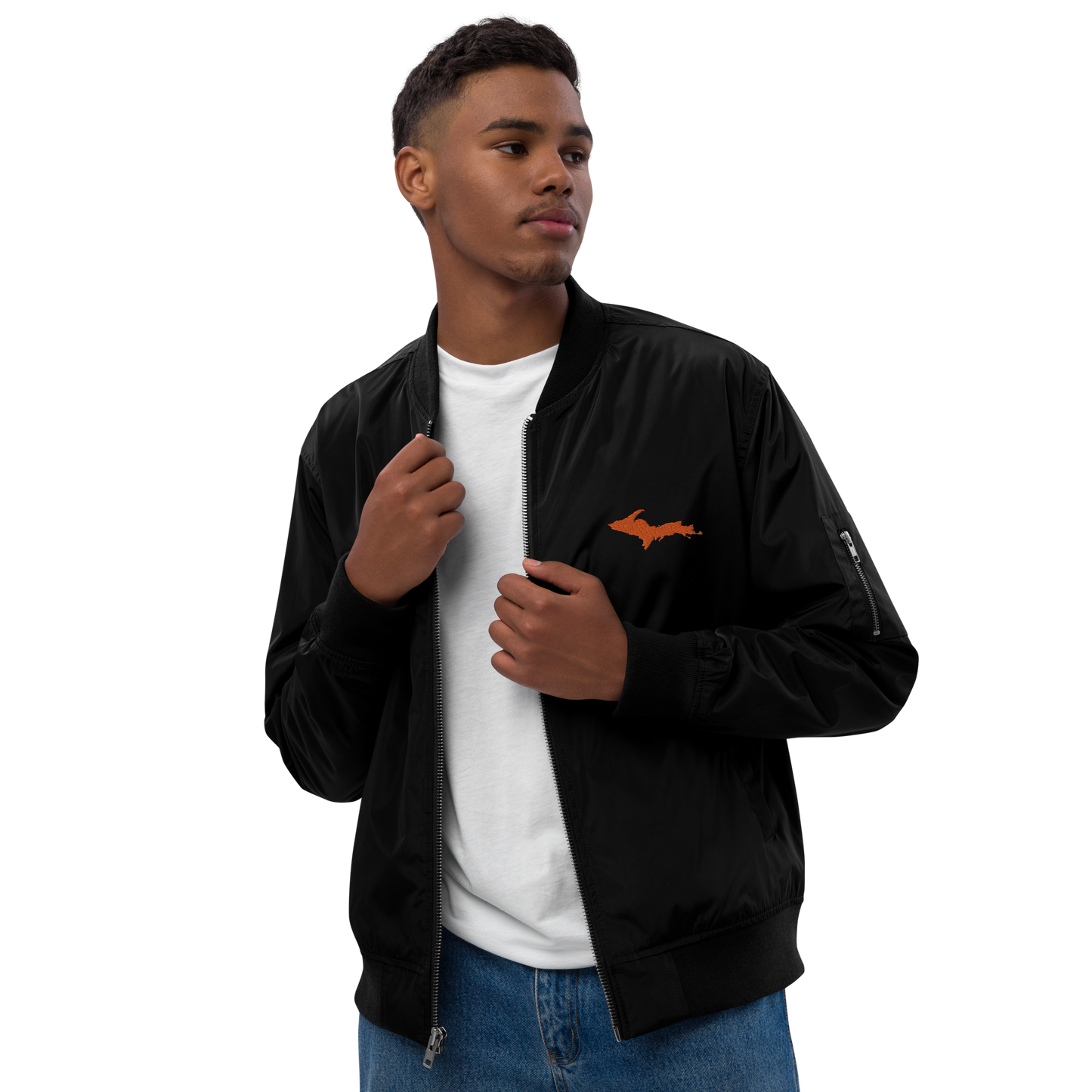 Michigan Upper Peninsula Bomber Jacket (w/ Orange UP Outline) | Unisex Recycled