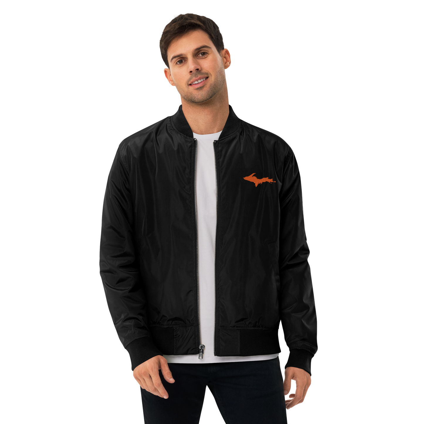 Michigan Upper Peninsula Bomber Jacket (w/ Orange UP Outline) | Unisex Recycled