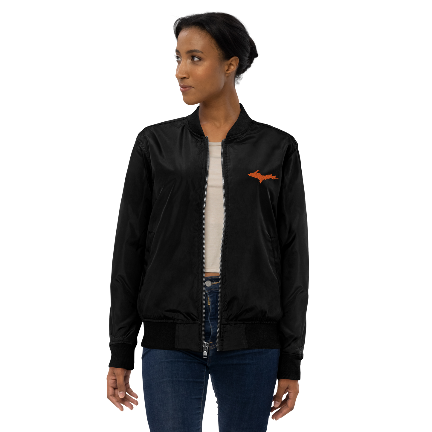 Michigan Upper Peninsula Bomber Jacket (w/ Orange UP Outline) | Unisex Recycled