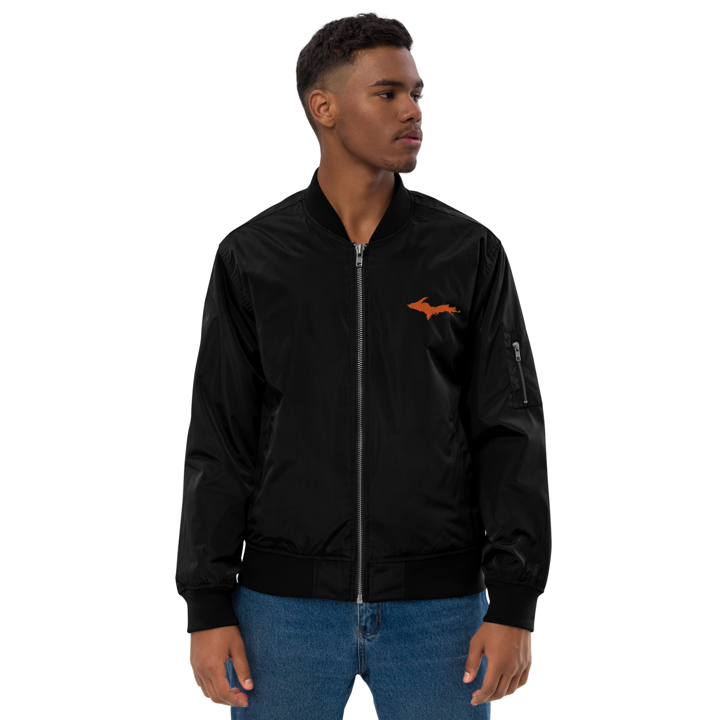 Michigan Upper Peninsula Bomber Jacket (w/ Orange UP Outline) | Unisex Recycled