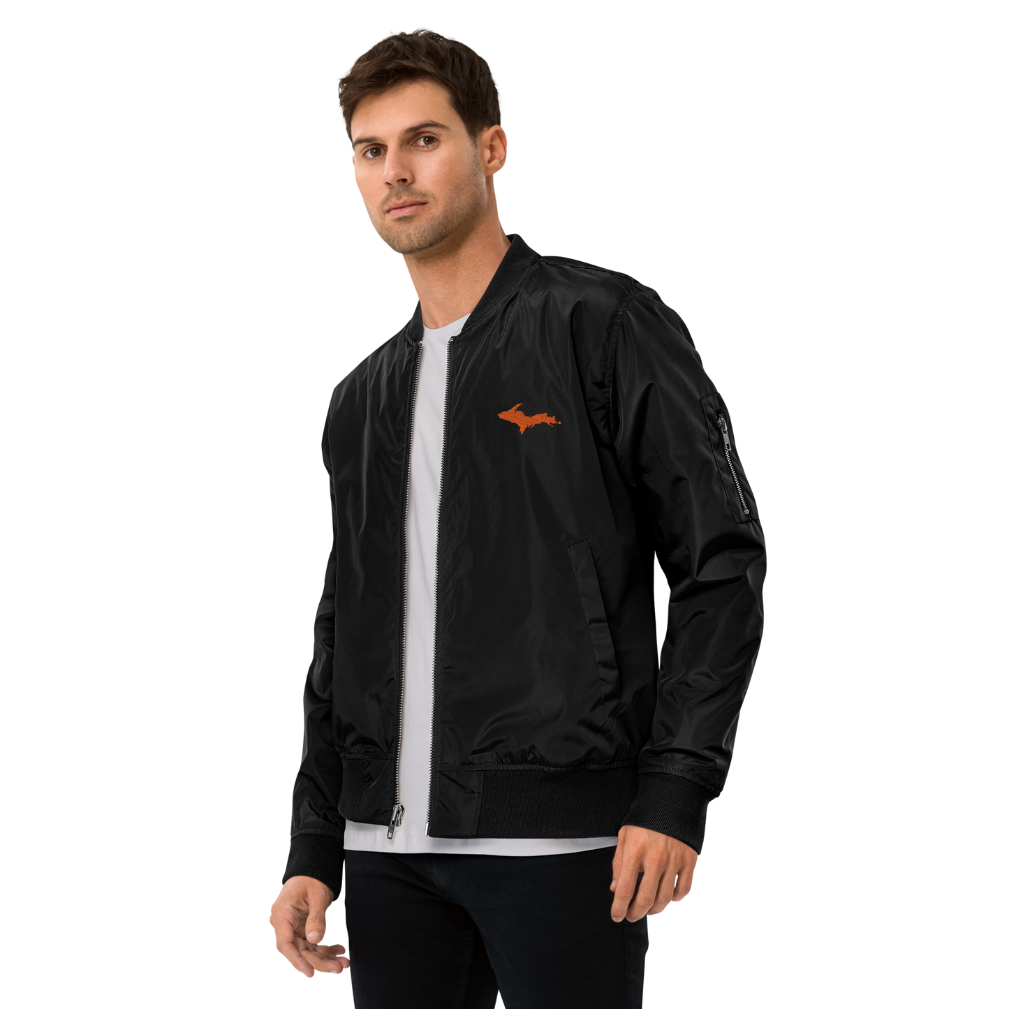 Michigan Upper Peninsula Bomber Jacket (w/ Orange UP Outline) | Unisex Recycled