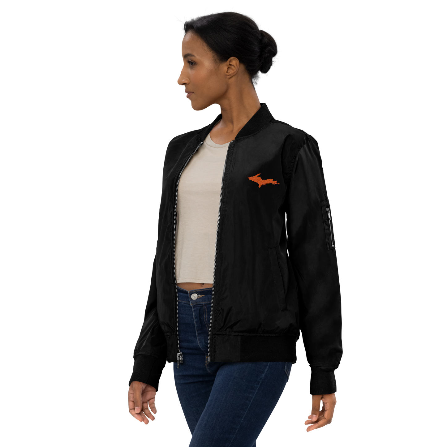 Michigan Upper Peninsula Bomber Jacket (w/ Orange UP Outline) | Unisex Recycled