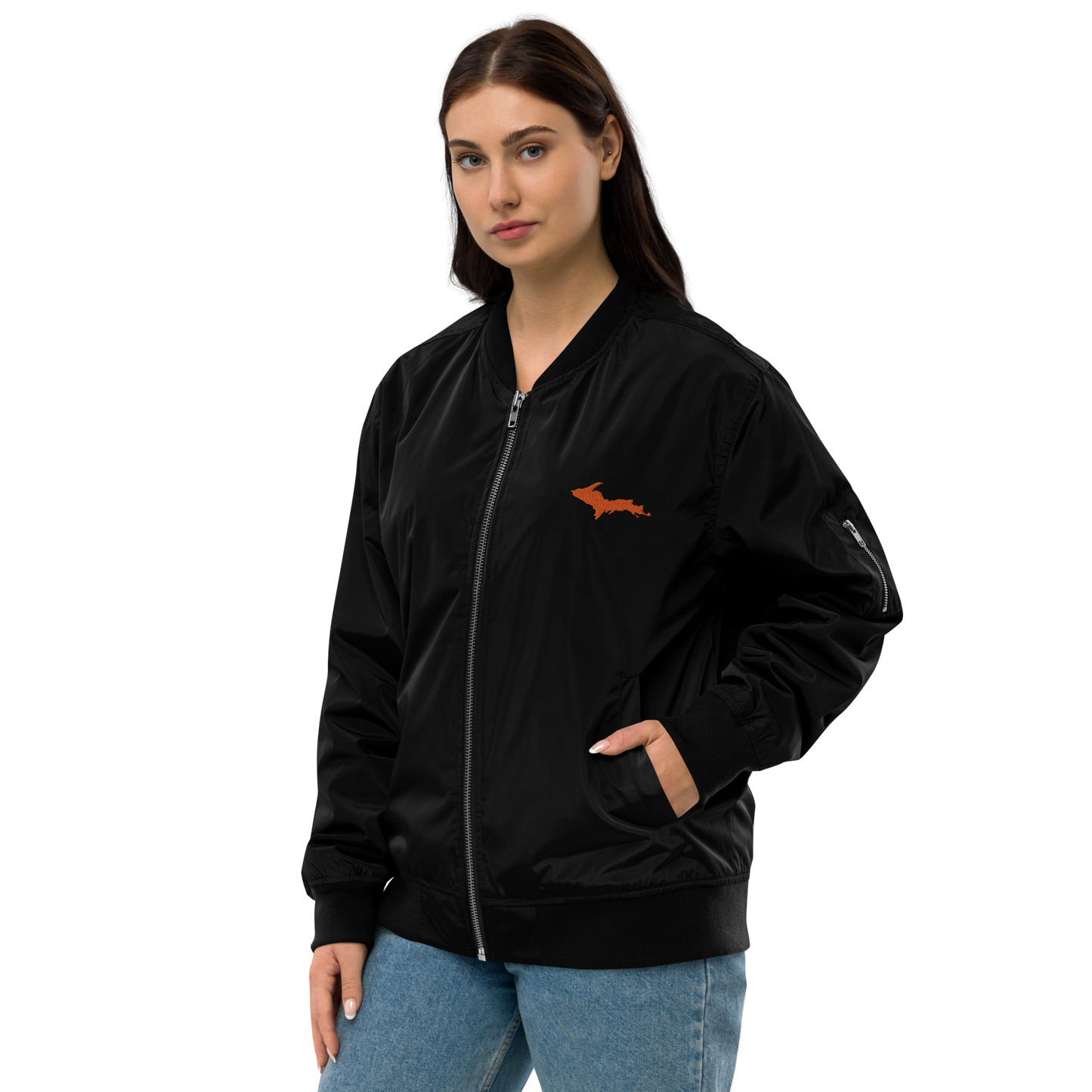 Michigan Upper Peninsula Bomber Jacket (w/ Orange UP Outline) | Unisex Recycled