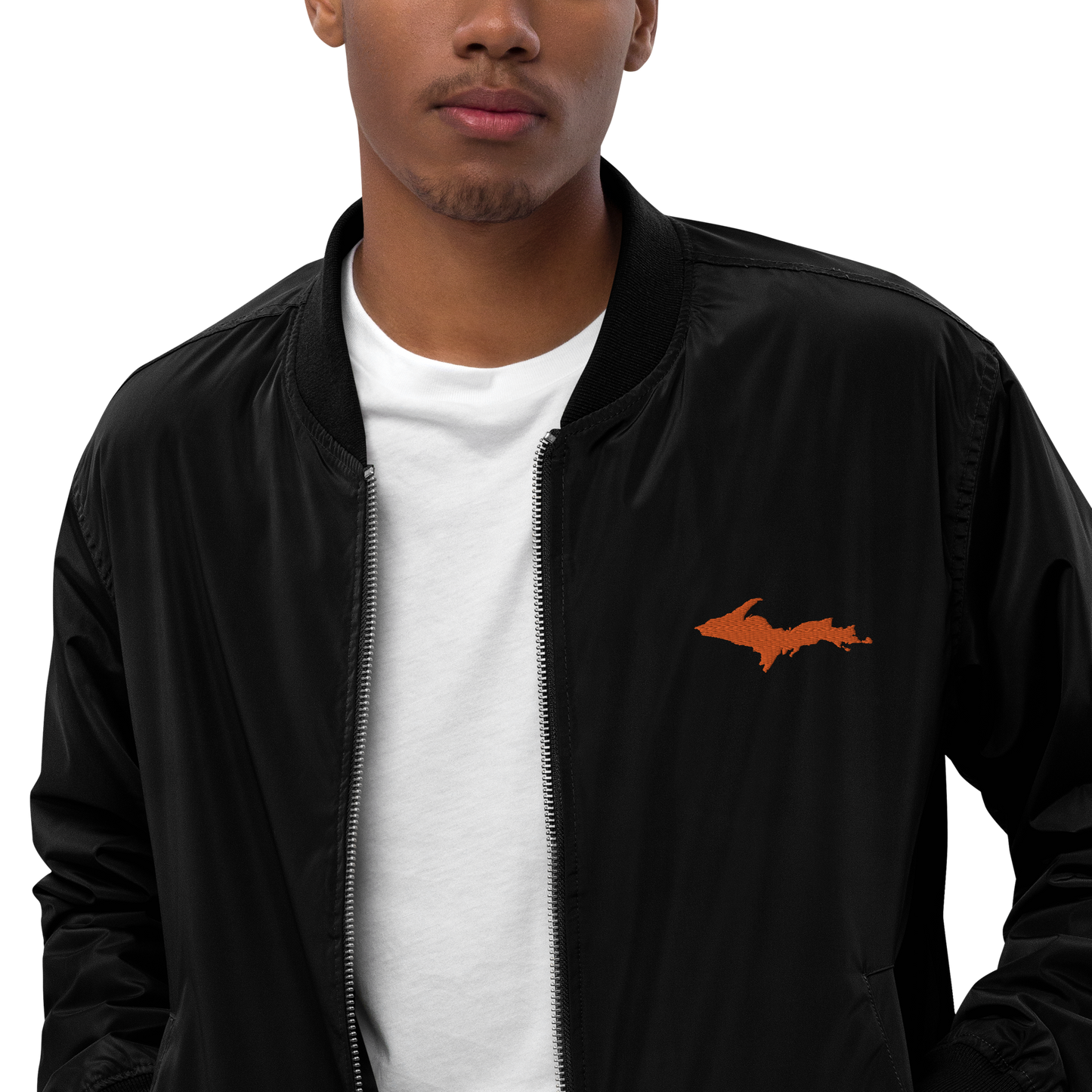 Michigan Upper Peninsula Bomber Jacket (w/ Orange UP Outline) | Unisex Recycled