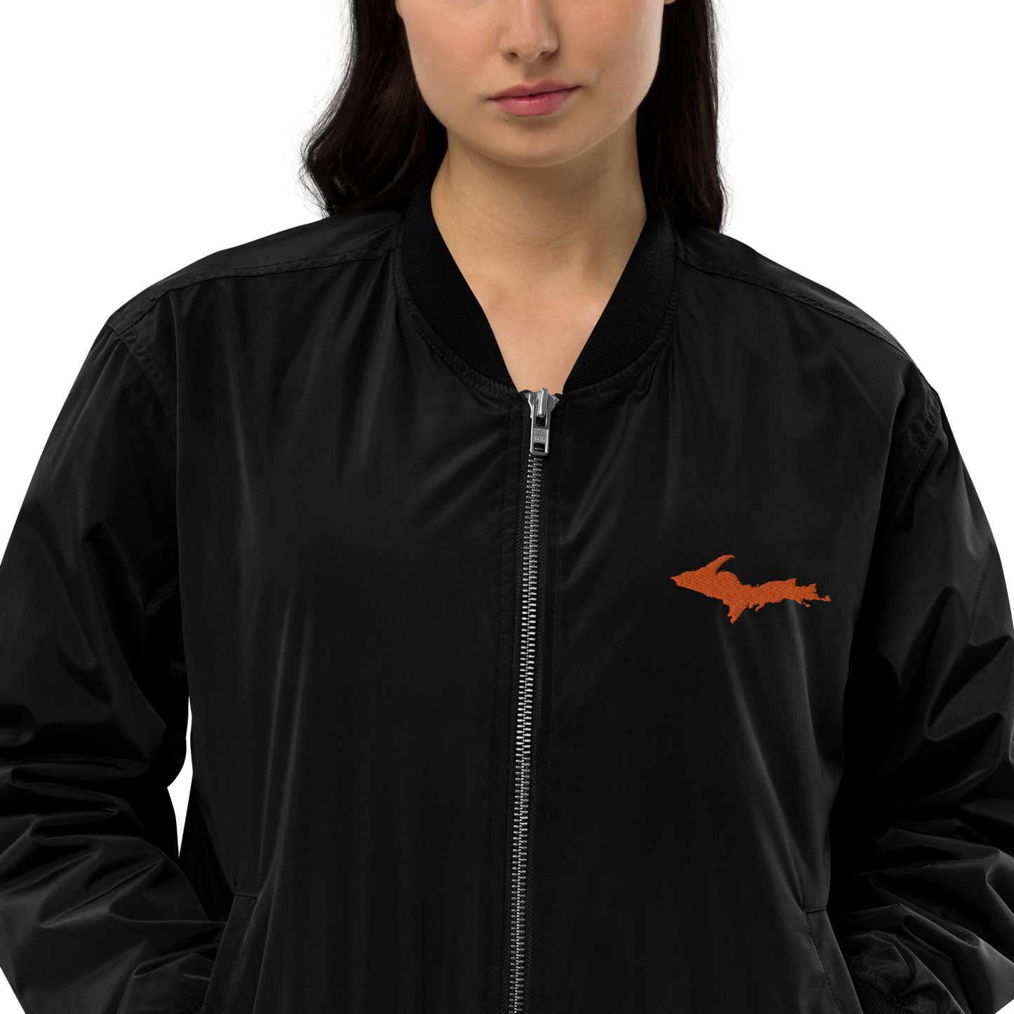 Michigan Upper Peninsula Bomber Jacket (w/ Orange UP Outline) | Unisex Recycled