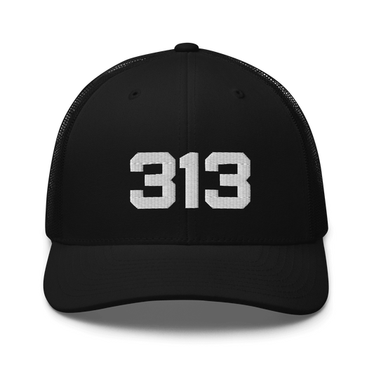 Detroit '313' Trucker Hat | White/Black Embroidery - Circumspice Michigan