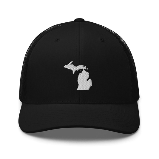 Michigan Trucker Cap (w/ Michigan Outline) | White/Navy Embroidery - Circumspice Michigan