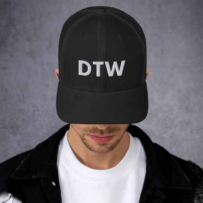 Detroit 'DTW' Trucker Hat | White/Black Embroidery - Circumspice Michigan