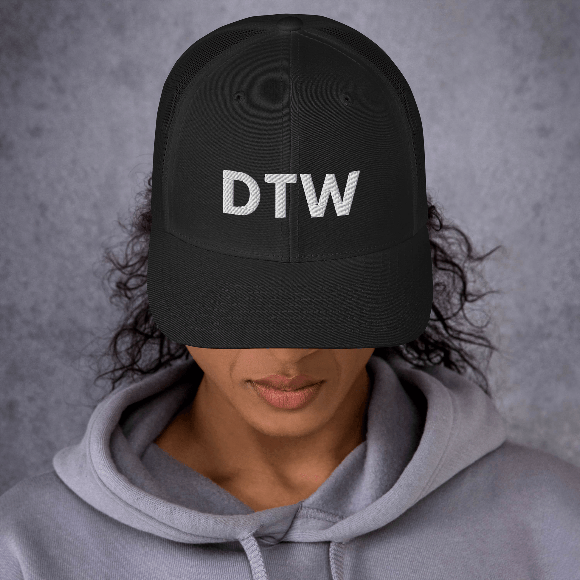 Detroit 'DTW' Trucker Hat | White/Black Embroidery - Circumspice Michigan