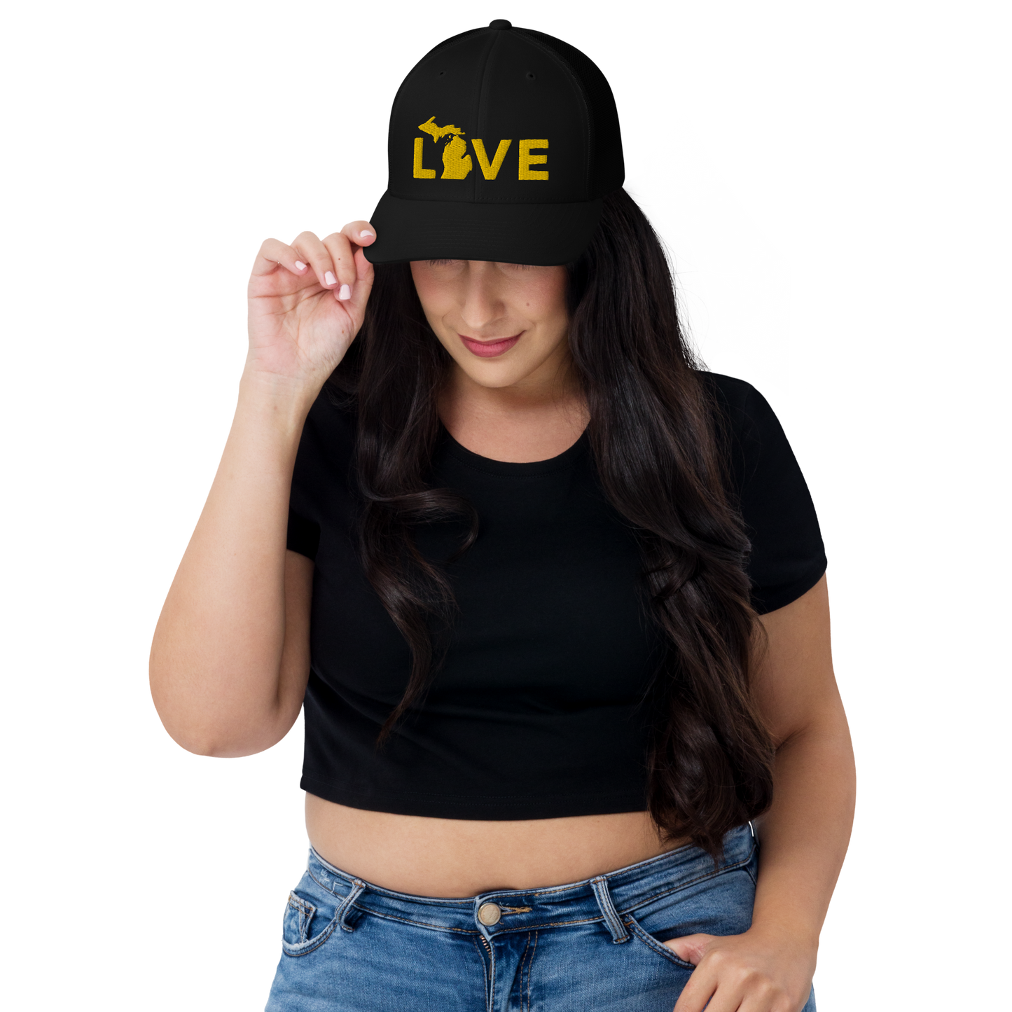 Michigan 'Love' Trucker Hat (Geometric Sans Font) | Gold Embroidery