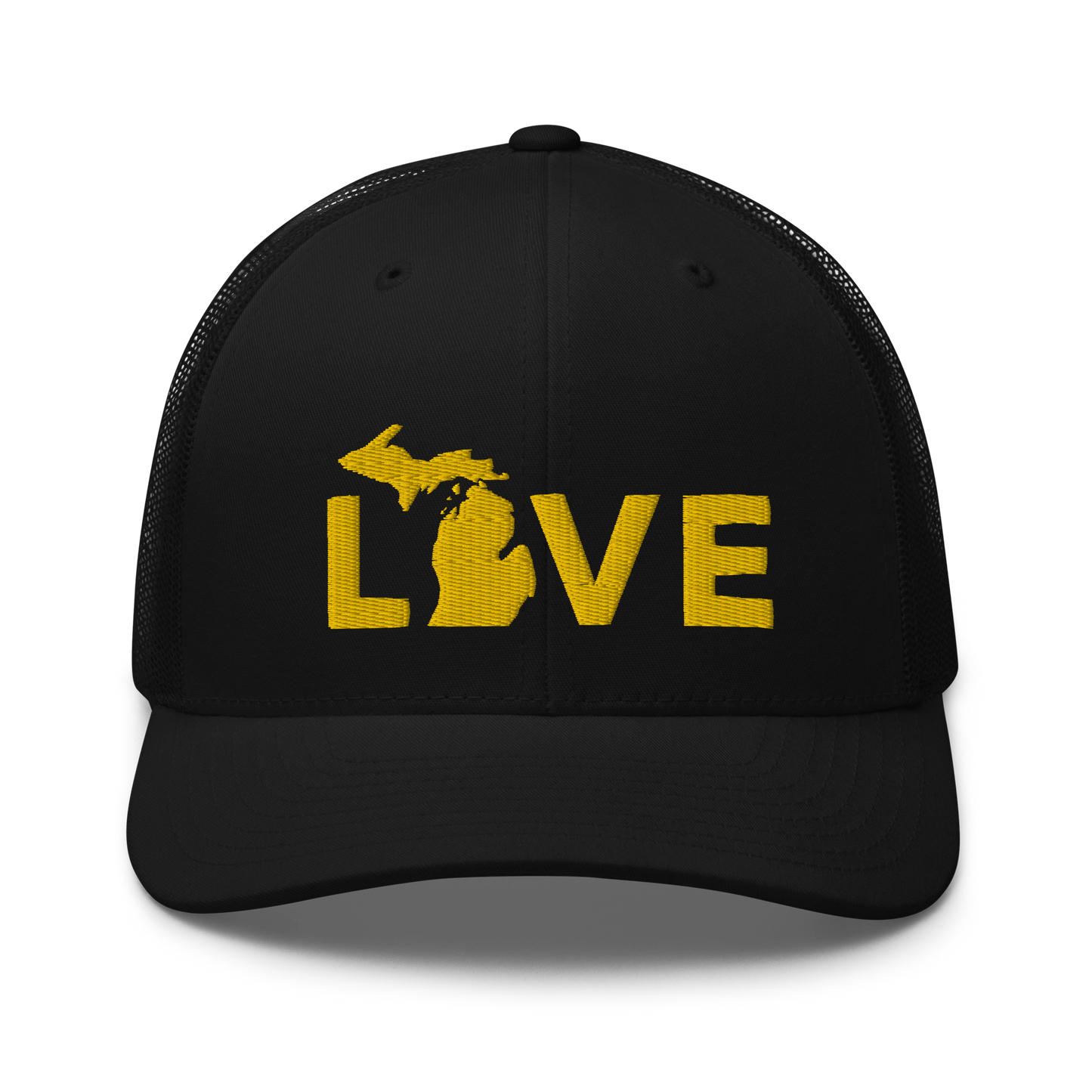 Michigan 'Love' Trucker Hat (Geometric Sans Font) | Gold Embroidery