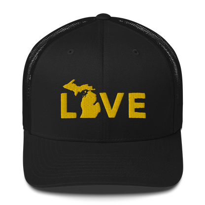 Michigan 'Love' Trucker Hat (Geometric Sans Font) | Gold Embroidery