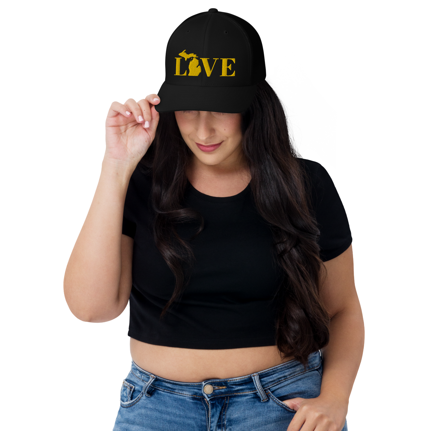 Michigan 'Love' Trucker Hat (Didone Font) | Gold Embroidery