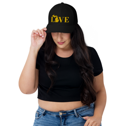 Michigan 'Love' Trucker Hat (Didone Font) | Gold Embroidery