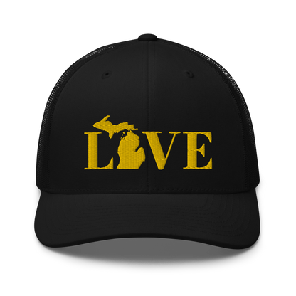 Michigan 'Love' Trucker Hat (Didone Font) | Gold Embroidery