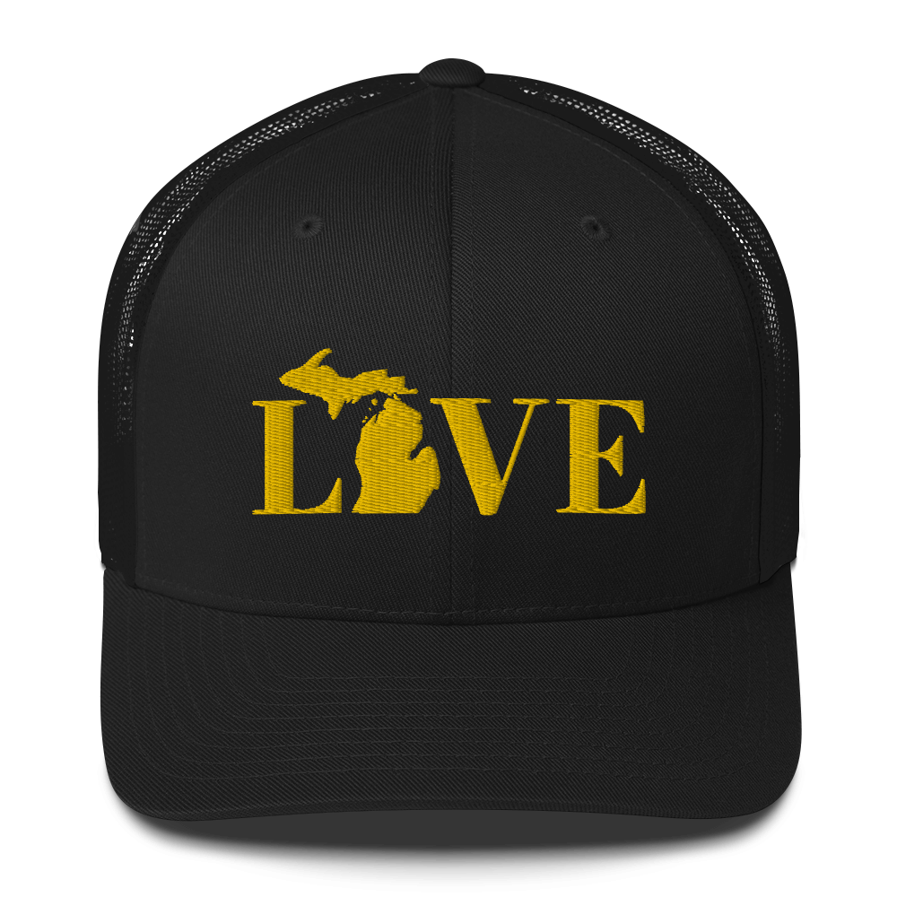 Michigan 'Love' Trucker Hat (Didone Font) | Gold Embroidery