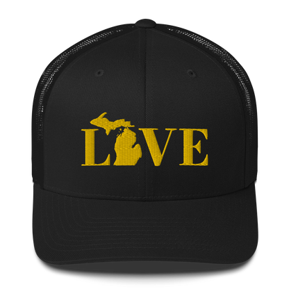 Michigan 'Love' Trucker Hat (Didone Font) | Gold Embroidery