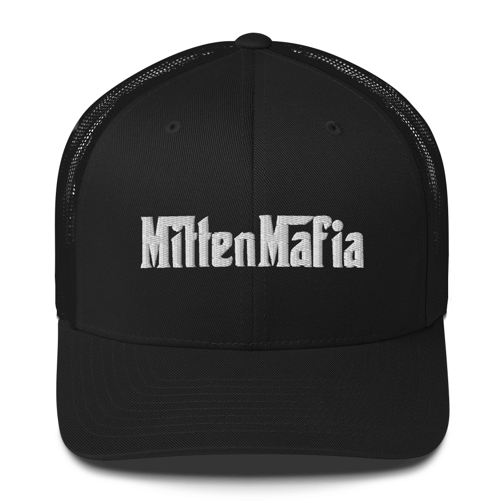 Michigan 'MittenMafia' Trucker Hat (Gangster Font) White/Black Embroidery