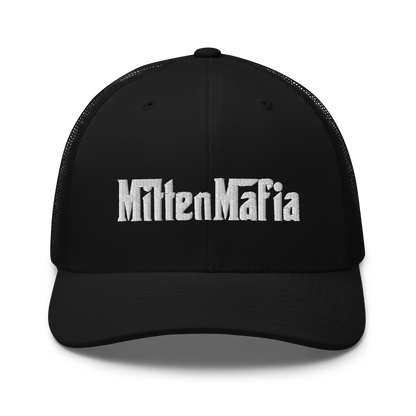 Michigan 'MittenMafia' Trucker Hat (Gangster Font) White/Black Embroidery