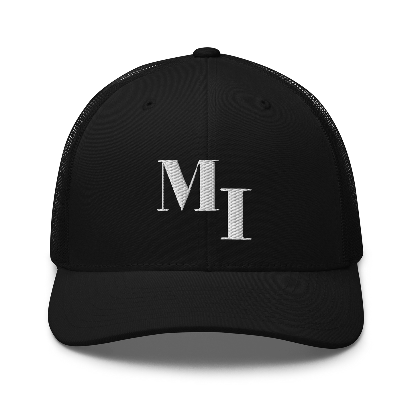 Michigan 'MI' Trucker Hat (Didone Logotype) | White/Navy Embroidery