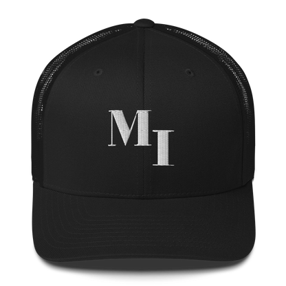 Michigan 'MI' Trucker Hat (Didone Logotype) | White/Navy Embroidery