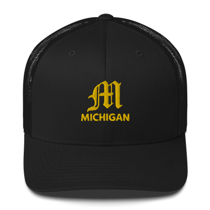 'Michigan' Trucker Hat (w/ 'Old English M') | Gold Embroidery