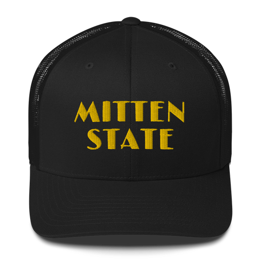 Michigan 'Mitten State' Trucker Hat (Art Deco Font) | Gold Embroidery