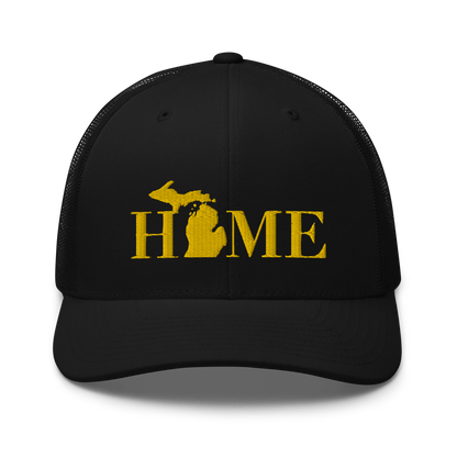 Michigan 'Home' Trucker Hat (Didone Font) | Gold Embroidery