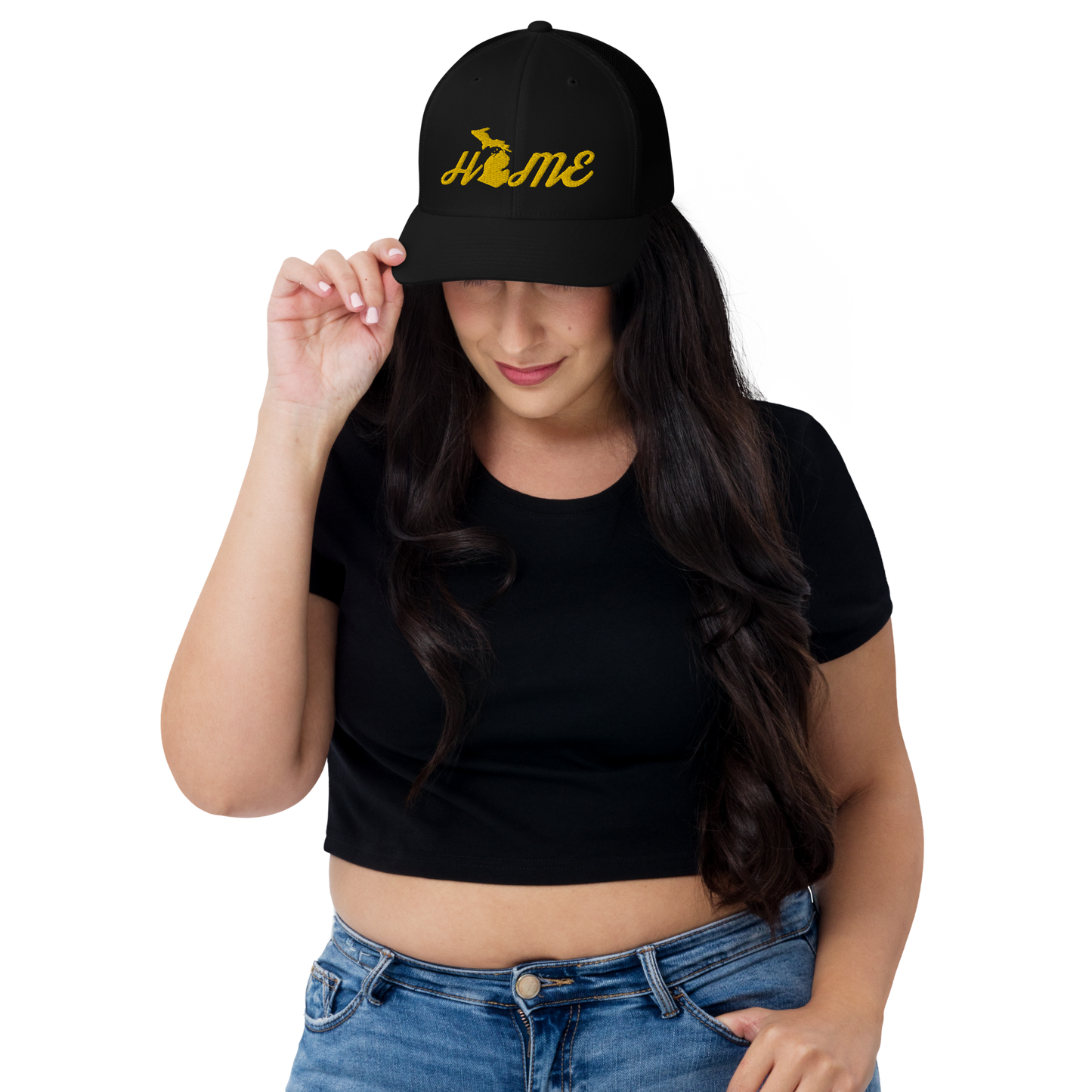 Michigan 'Home' Trucker Hat (Script Font) | Gold Embroidery