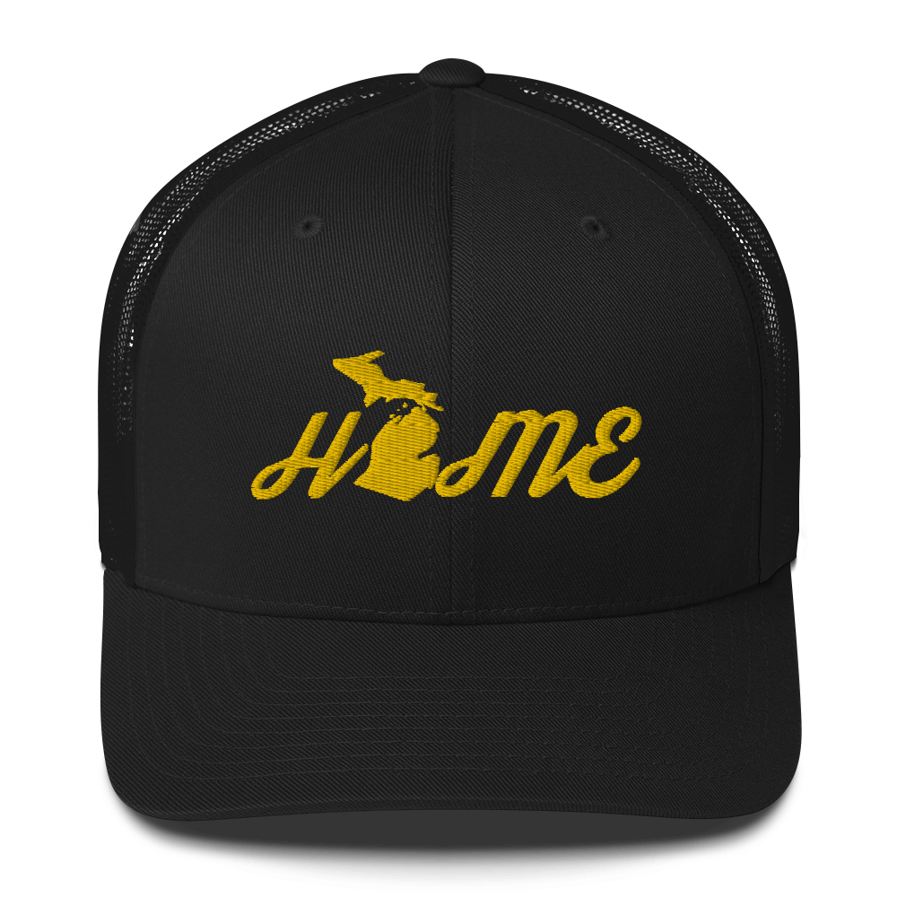 Michigan 'Home' Trucker Hat (Script Font) | Gold Embroidery