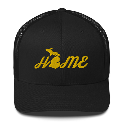 Michigan 'Home' Trucker Hat (Script Font) | Gold Embroidery