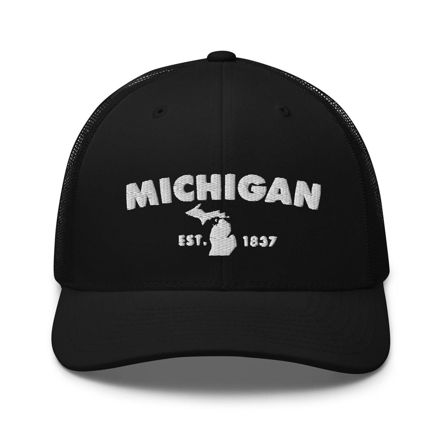 'Michigan EST 1837' Trucker Hat (Geometric Sans Font)