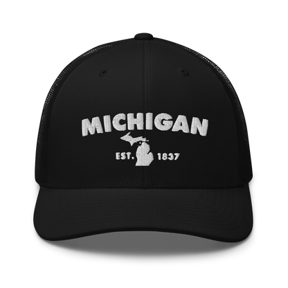 'Michigan EST 1837' Trucker Hat (Geometric Sans Font)