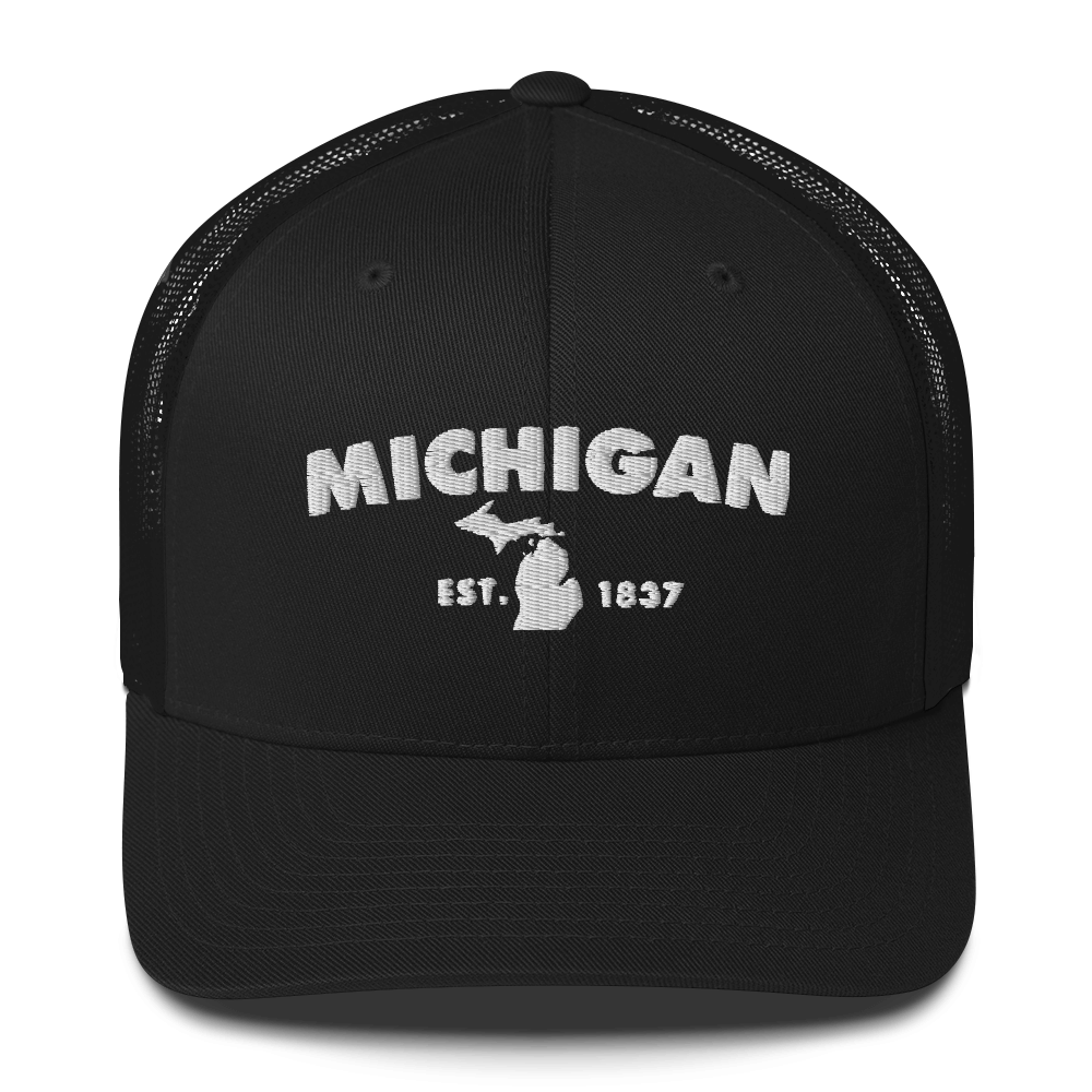 'Michigan EST 1837' Trucker Hat (Geometric Sans Font)