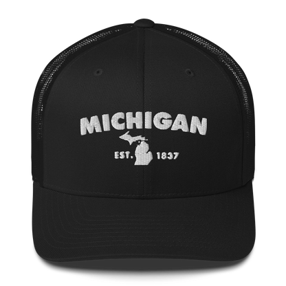 'Michigan EST 1837' Trucker Hat (Geometric Sans Font)