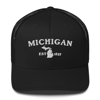 'Michigan EST 1837' Trucker Hat (Woodcut Font)