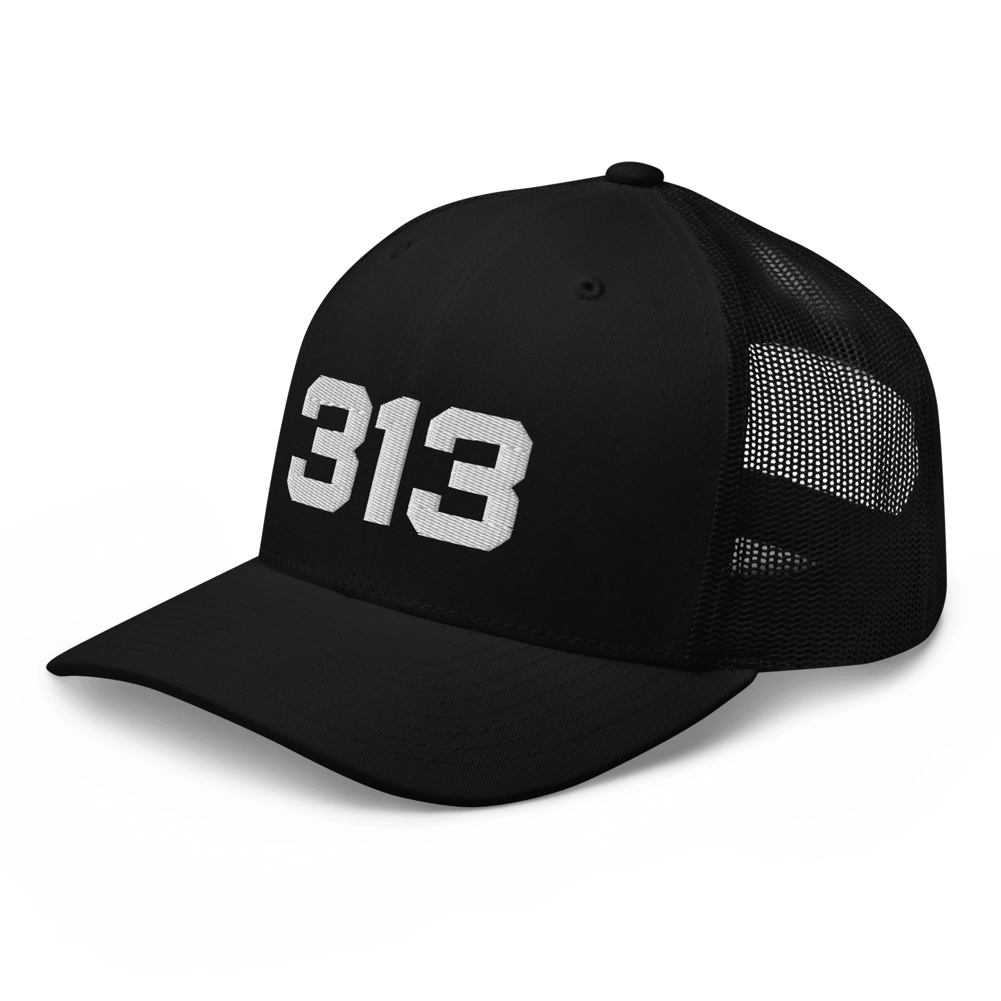 Detroit '313' Trucker Hat | White/Black Embroidery - Circumspice Michigan