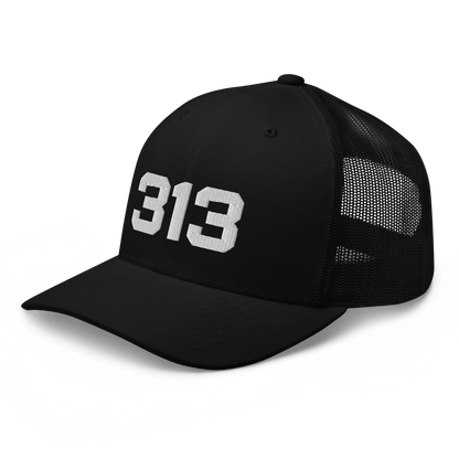 Detroit '313' Trucker Hat | White/Black Embroidery - Circumspice Michigan