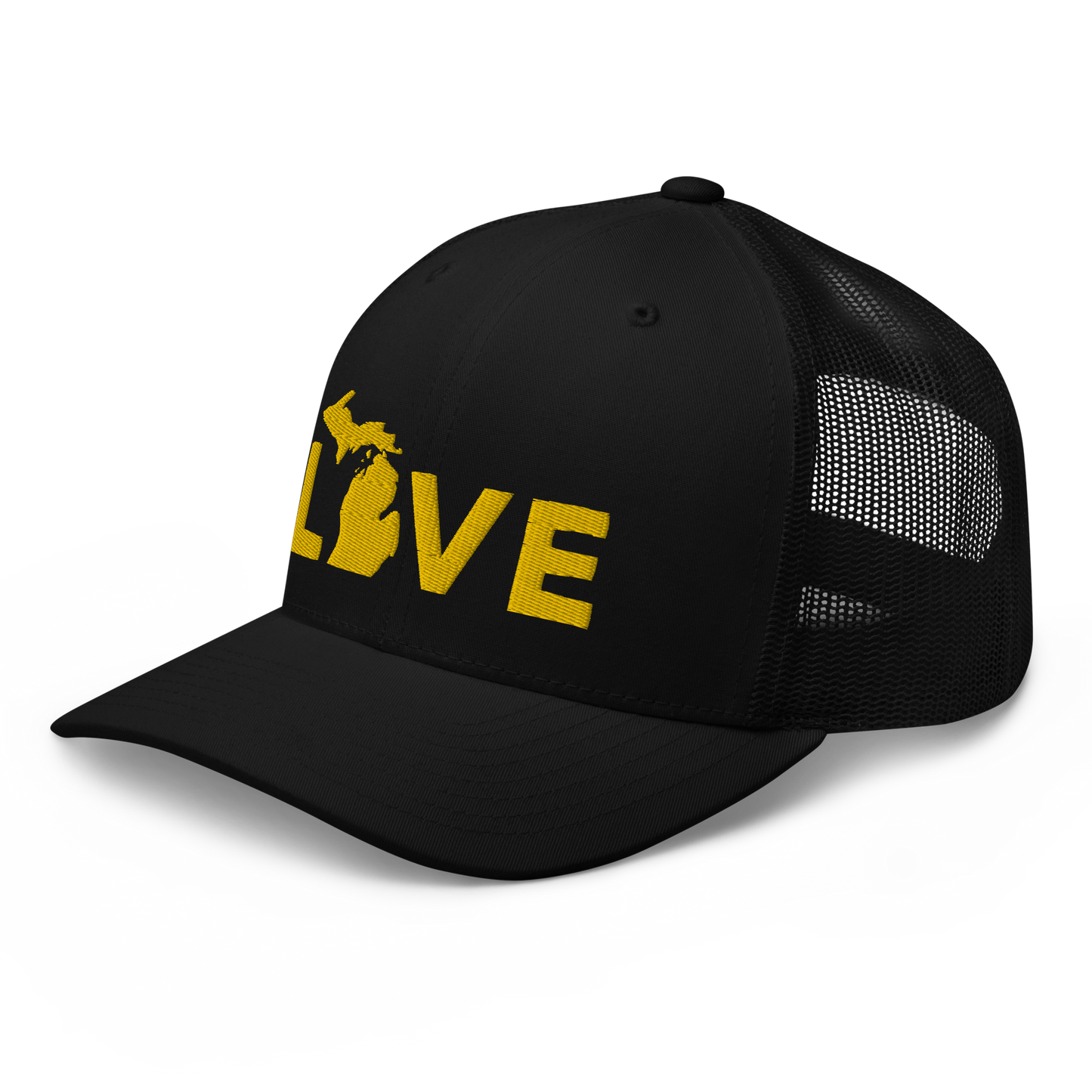 Michigan 'Love' Trucker Hat (Geometric Sans Font) | Gold Embroidery